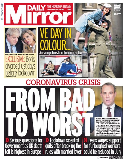 Daily Mirror Newspaper Front Page (UK) for 6 May 2020