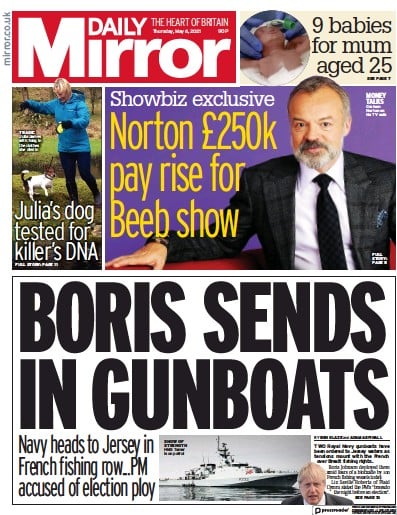 Daily Mirror Newspaper Front Page (UK) for 6 May 2021
