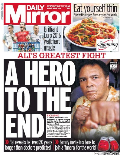 Daily Mirror Newspaper Front Page (UK) for 6 June 2016