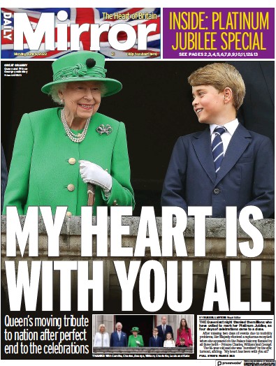 Daily Mirror Newspaper Front Page (UK) for 6 June 2022