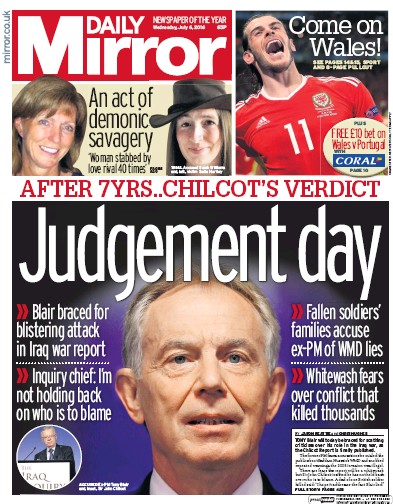 Daily Mirror Newspaper Front Page (UK) for 6 July 2016