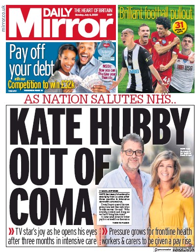 Daily Mirror Newspaper Front Page (UK) for 6 July 2020