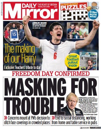 Daily Mirror Newspaper Front Page (UK) for 6 July 2021