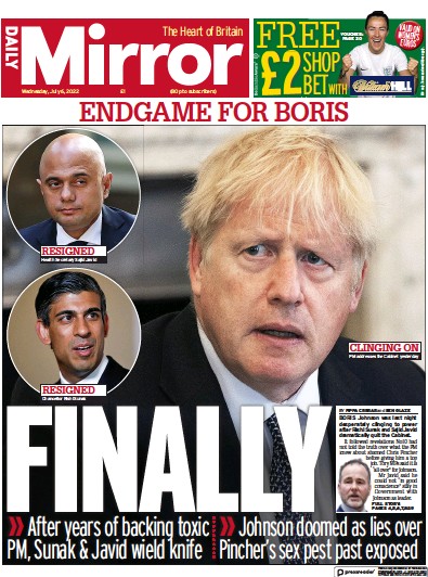 Daily Mirror Newspaper Front Page (UK) for 6 July 2022