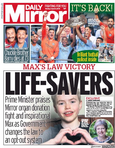 Daily Mirror Newspaper Front Page (UK) for 6 August 2018