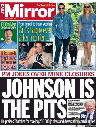 Daily Mirror Newspaper Front Page (UK) for 6 August 2021