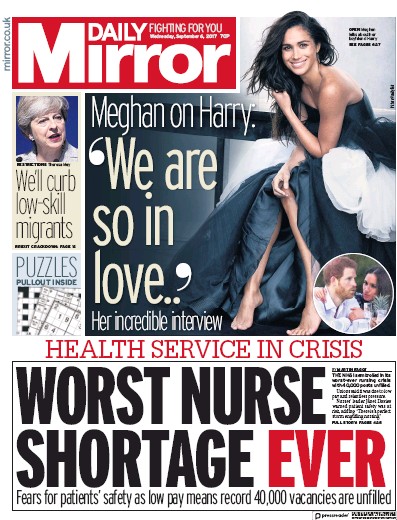 Daily Mirror Newspaper Front Page (UK) for 6 September 2017