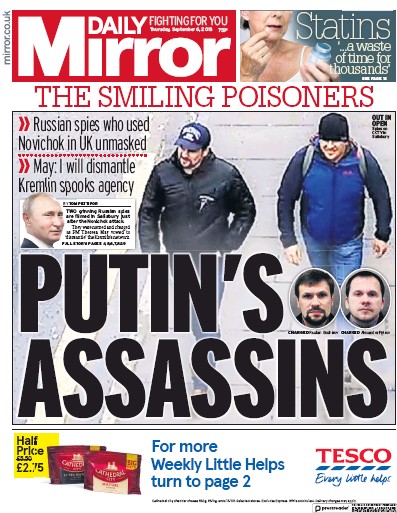 Daily Mirror Newspaper Front Page (UK) for 6 September 2018