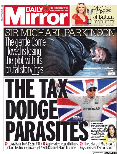 Daily Mirror Newspaper Front Page (UK) for 7 November 2017