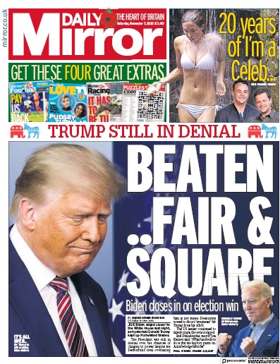 Daily Mirror Newspaper Front Page (UK) for 7 November 2020