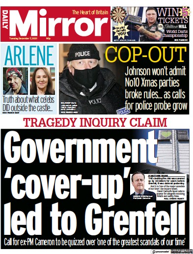 Daily Mirror Newspaper Front Page (UK) for 7 December 2021