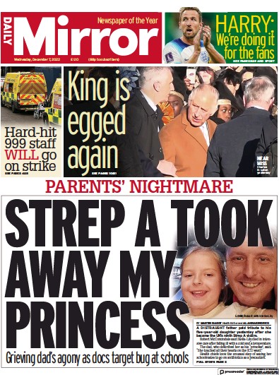 Daily Mirror Newspaper Front Page (UK) for 7 December 2022