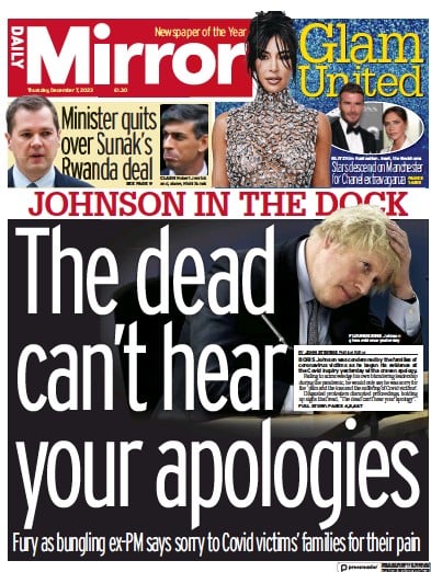 Daily Mirror Newspaper Front Page (UK) for 7 December 2023