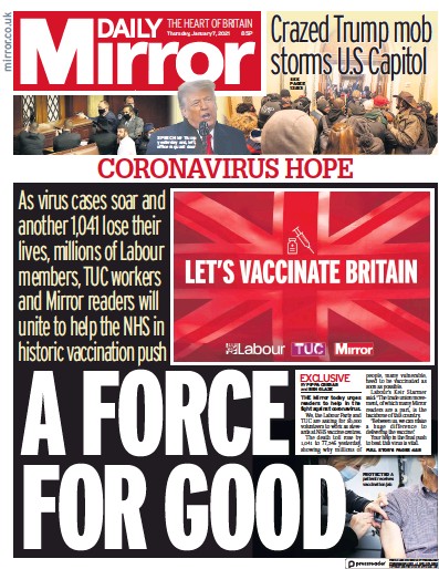 Daily Mirror Newspaper Front Page (UK) for 7 January 2021
