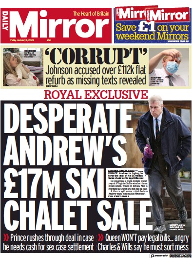 Daily Mirror Newspaper Front Page (UK) for 7 January 2022