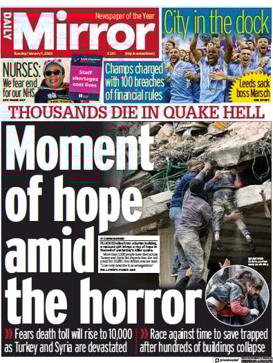 Daily Mirror Newspaper Front Page (UK) for 7 February 2023