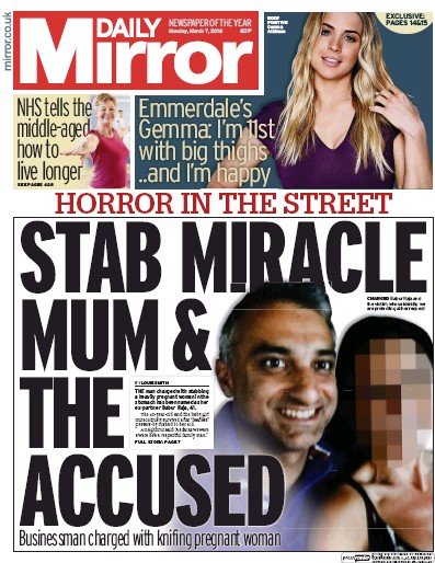 Daily Mirror Newspaper Front Page (UK) for 7 March 2016