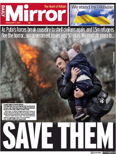 Daily Mirror Newspaper Front Page (UK) for 7 March 2022