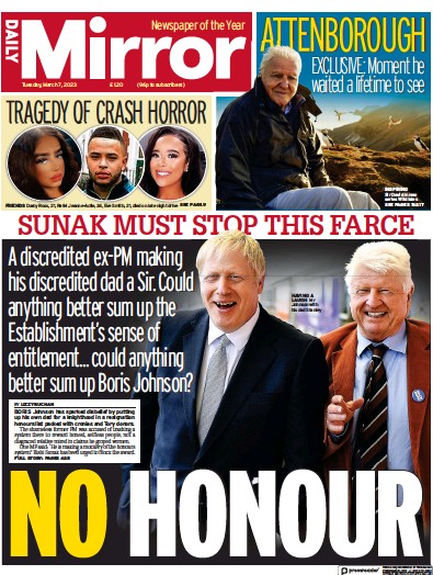 Daily Mirror Newspaper Front Page (UK) for 7 March 2023