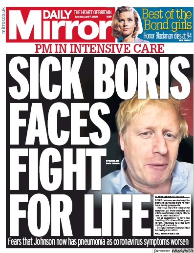 Daily Mirror Newspaper Front Page (UK) for 7 April 2020