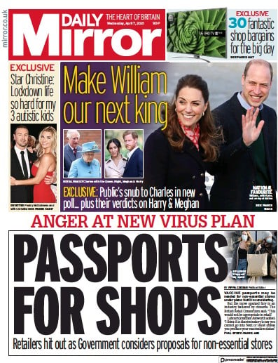 Daily Mirror Newspaper Front Page (UK) for 7 April 2021