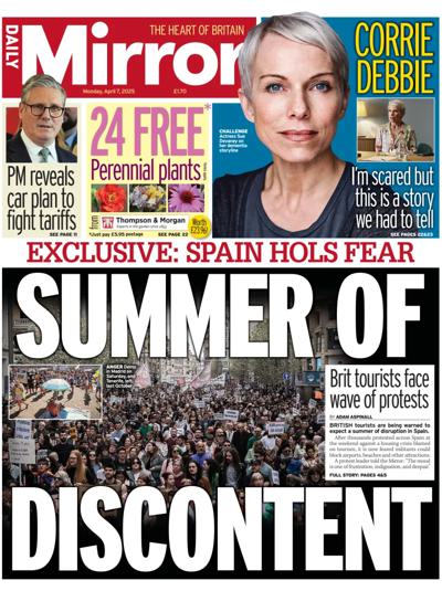 Daily Mirror Newspaper Front Page (UK) for 7 April 2025