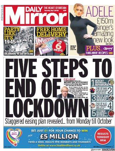 Daily Mirror Newspaper Front Page (UK) for 7 May 2020