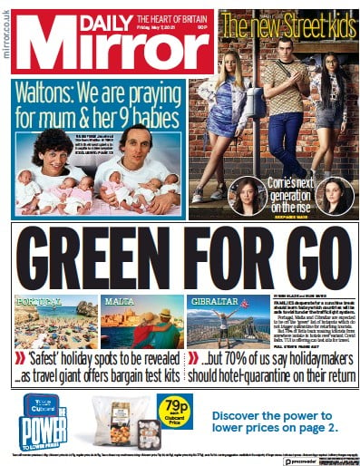 Daily Mirror Newspaper Front Page (UK) for 7 May 2021