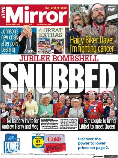 Daily Mirror Newspaper Front Page (UK) for 7 May 2022