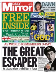 Daily Mirror (UK) Newspaper Front Page for 7 June 2014