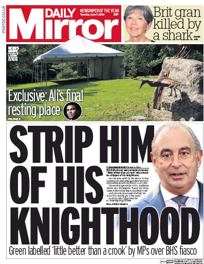 Daily Mirror Newspaper Front Page (UK) for 7 June 2016