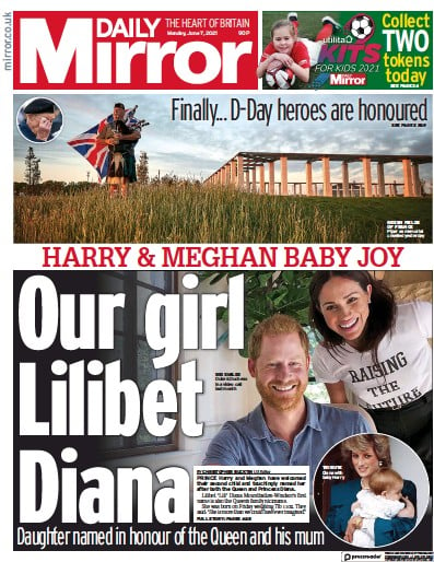 Daily Mirror Newspaper Front Page (UK) for 7 June 2021