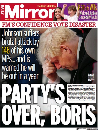 Daily Mirror Newspaper Front Page (UK) for 7 June 2022