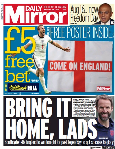 Daily Mirror Newspaper Front Page (UK) for 7 July 2021