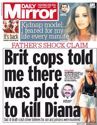 Daily Mirror Newspaper Front Page (UK) for 7 August 2017