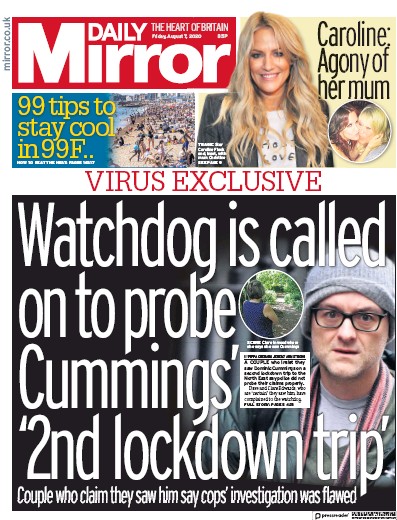 Daily Mirror Newspaper Front Page (UK) for 7 August 2020