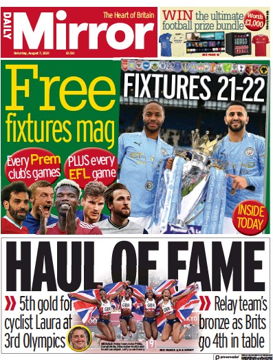 Daily Mirror Newspaper Front Page (UK) for 7 August 2021