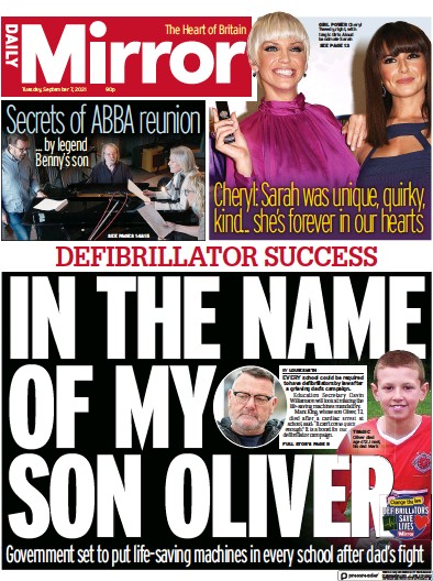 Daily Mirror Newspaper Front Page (UK) for 7 September 2021