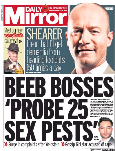 Daily Mirror Newspaper Front Page (UK) for 8 November 2017