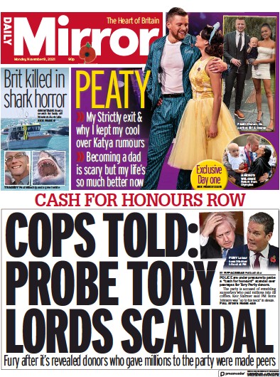 Daily Mirror Newspaper Front Page (UK) for 8 November 2021