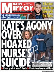 Daily Mirror (UK) Newspaper Front Page for 8 December 2012