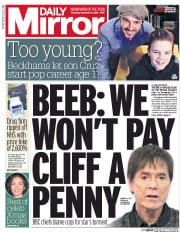 Daily Mirror (UK) Newspaper Front Page for 8 December 2016