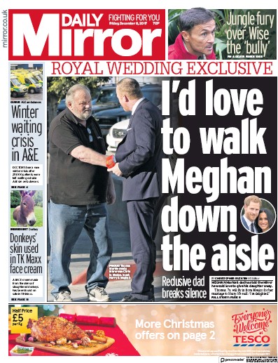Daily Mirror Newspaper Front Page (UK) for 8 December 2017