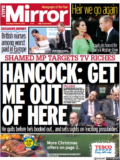 Daily Mirror Newspaper Front Page (UK) for 8 December 2022