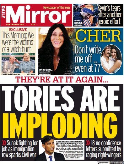 Daily Mirror Newspaper Front Page (UK) for 8 December 2023