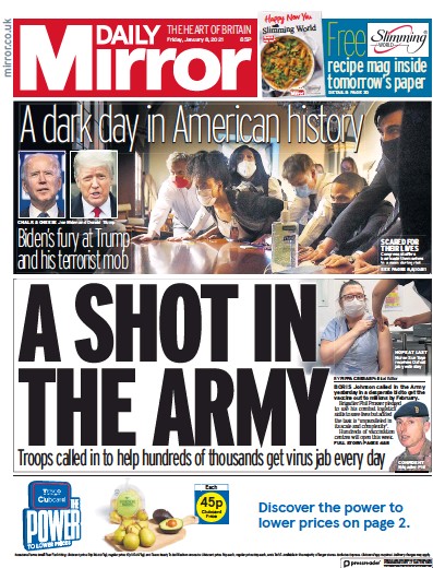 Daily Mirror Newspaper Front Page (UK) for 8 January 2021