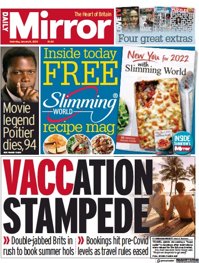 Daily Mirror Newspaper Front Page (UK) for 8 January 2022