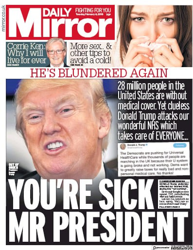 Daily Mirror Newspaper Front Page (UK) for 8 February 2018