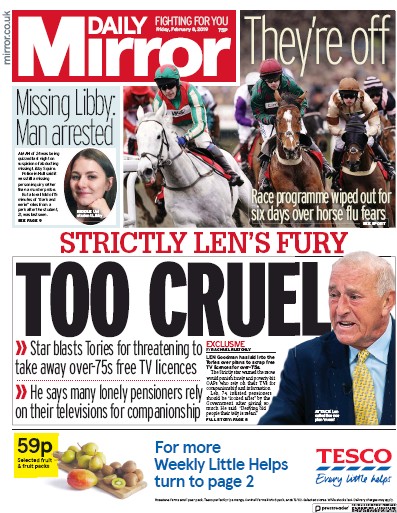 Daily Mirror Newspaper Front Page (UK) for 8 February 2019