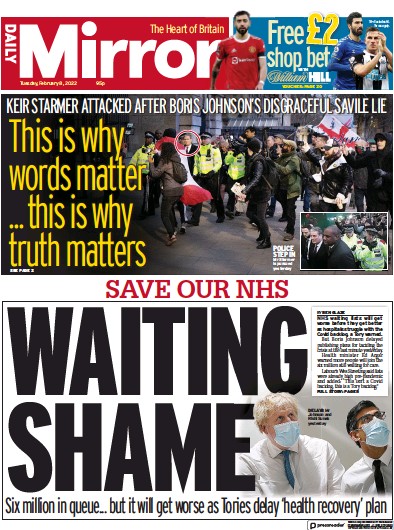 Daily Mirror Newspaper Front Page (UK) for 8 February 2022